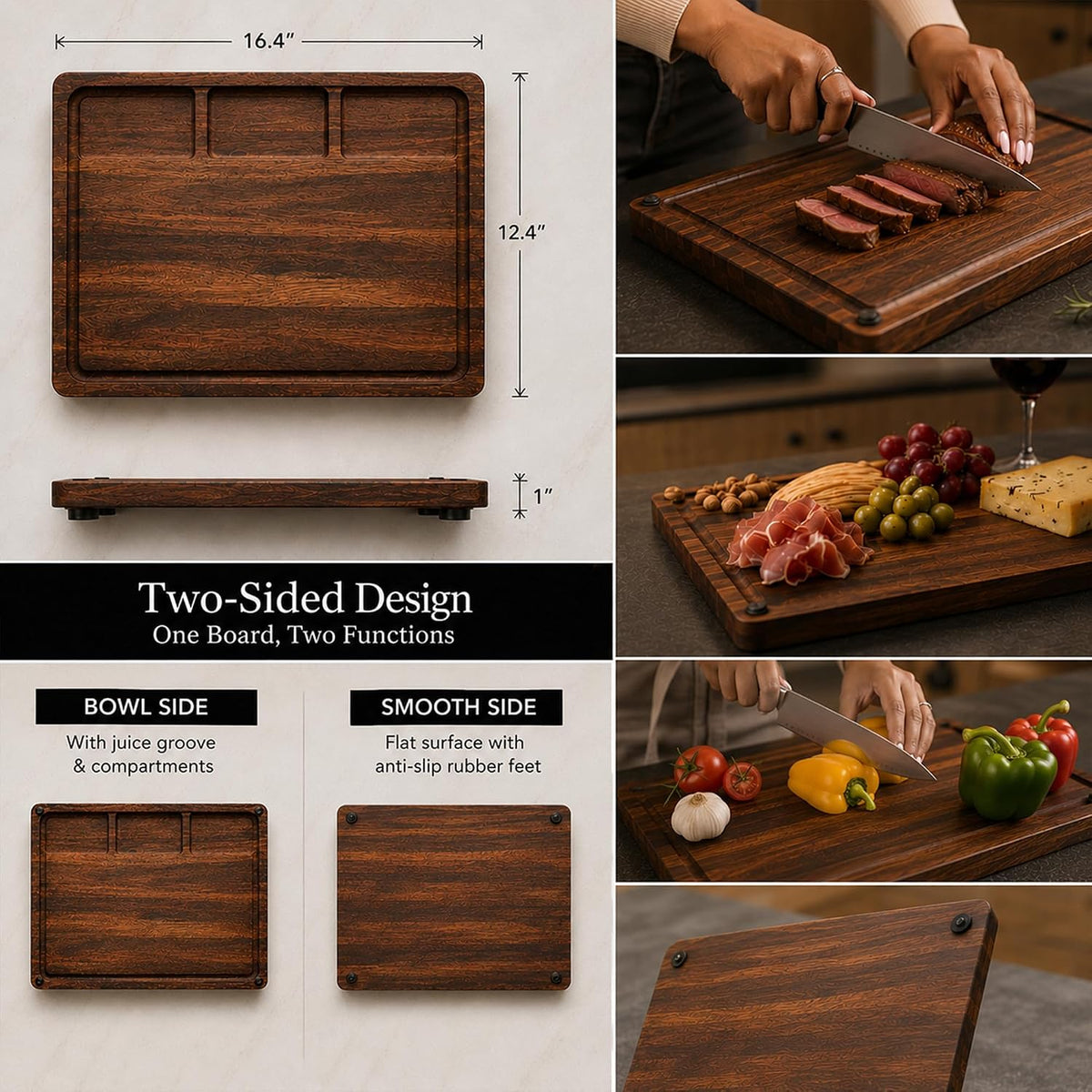 Walnut Cutting Board for Kitchen - Large Wooden End Grain Chopping Board with Handle & Groove - Wood Butcher Block - Double-Sided Charcuterie Serving Tray for Meat, Cheese & More - 16.4”x12.4”x1”