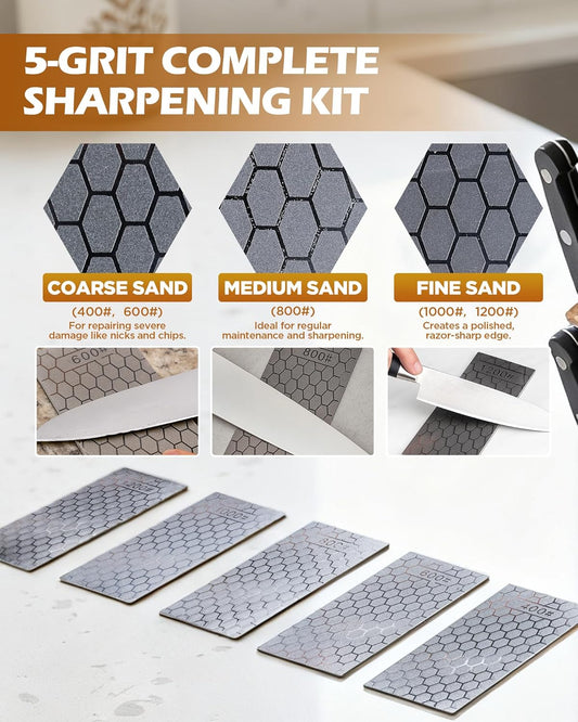Diamond Sharpening Plate, 5PCS 400/600/800/1000/1200 Grit Diamond Sharpening Stone Set with Non-Slip Base, Diamond Plate Sharpening Stone for Scissors Pocket Knife Kitchen Sharpening Tools