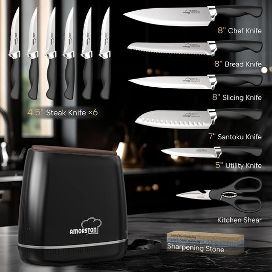 Knife Set, 14-Piece Kitchen Knives Set with Block & Sharpening Stone, Stainless Steel Dishwasher Safe, Knife Block Set with Ergonomic Handle, Professional Kitchen Knives for Home Cooking