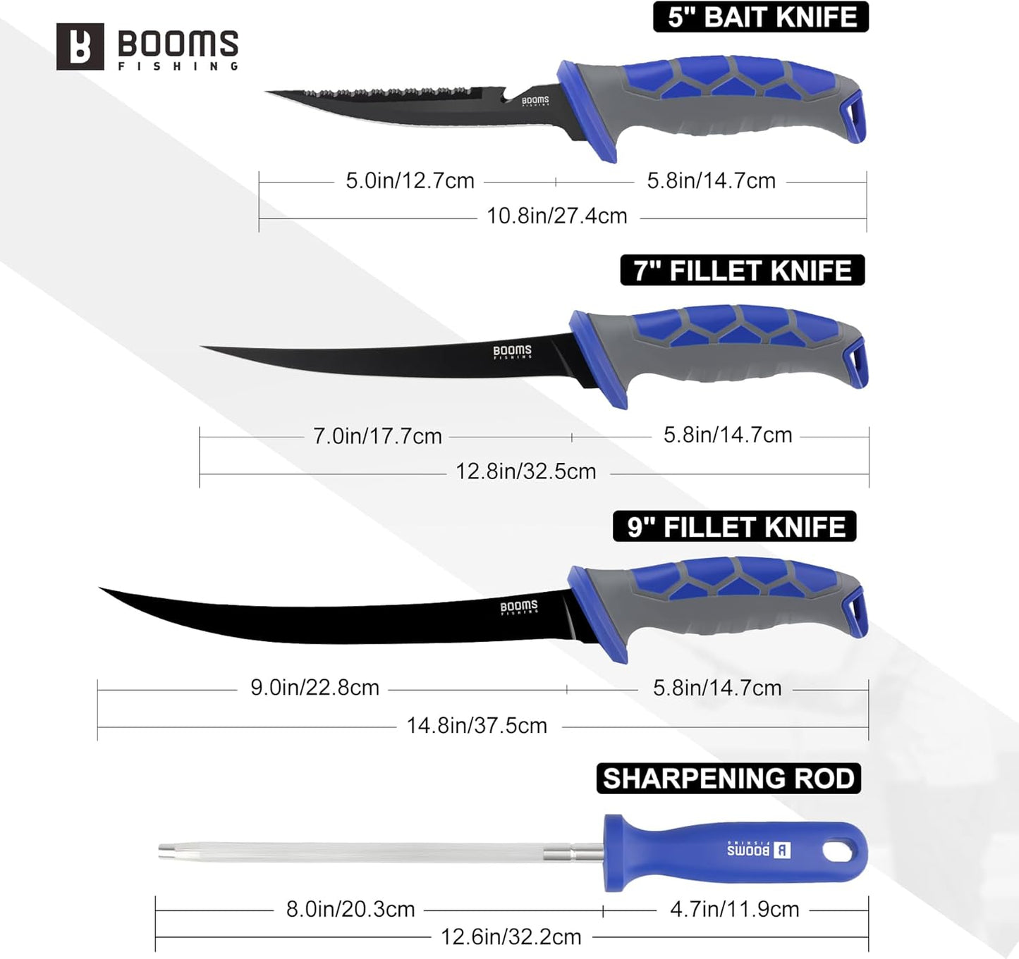 Fillet Knife Set: 5" Bait Knife, 7" & 9" Filet Knives with Sharpening Steel and Storage Case - Non-Slip Handles, Vented Sheaths for Saltwater & Freshwater - Ideal Fishing Gift for Men