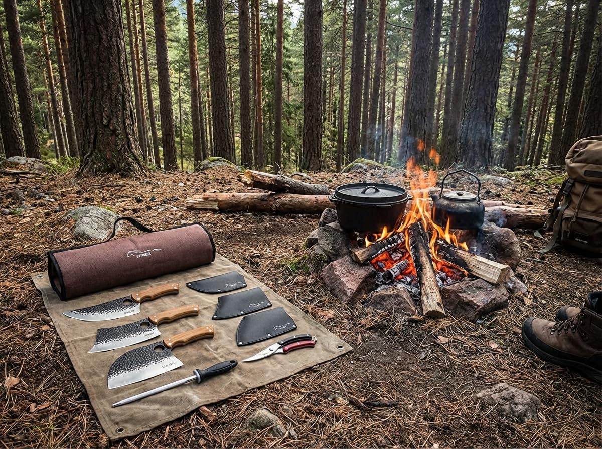 9 PCS Butcher Viking Camping Knife Set, 7" Serbian Chef Knife, 7" Butcher Meat Cleaver, 6.5" Viking Knife, 3 Knife Sheath, Honing Steel, Poultry Shears and Knife Roll Bag (Stylish Horse Pattern)