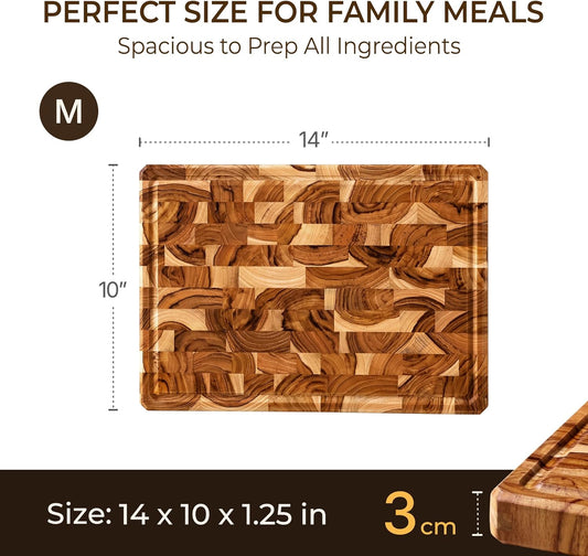 Teak Wood Cutting Boards for Kitchen, Butcher Block End Grain Checkered Wooden Cutting Board with Juice Groove Hardwood Chopping Charcuterie Board Non Toxic for Cheese & Vegetables Over Sink Solid 14"