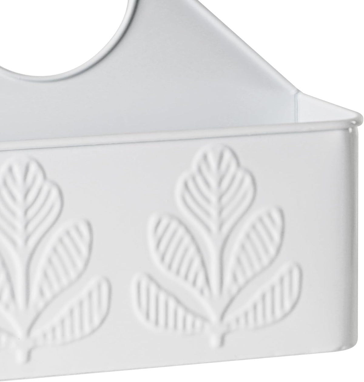 White Silverware Caddy for Party, Kitchen Flatware Holder | Metal Plant Pattern Embossed Countertop Cutlery Organizer with 4 Compartments for Utensils, Spoons, Knives, Forks