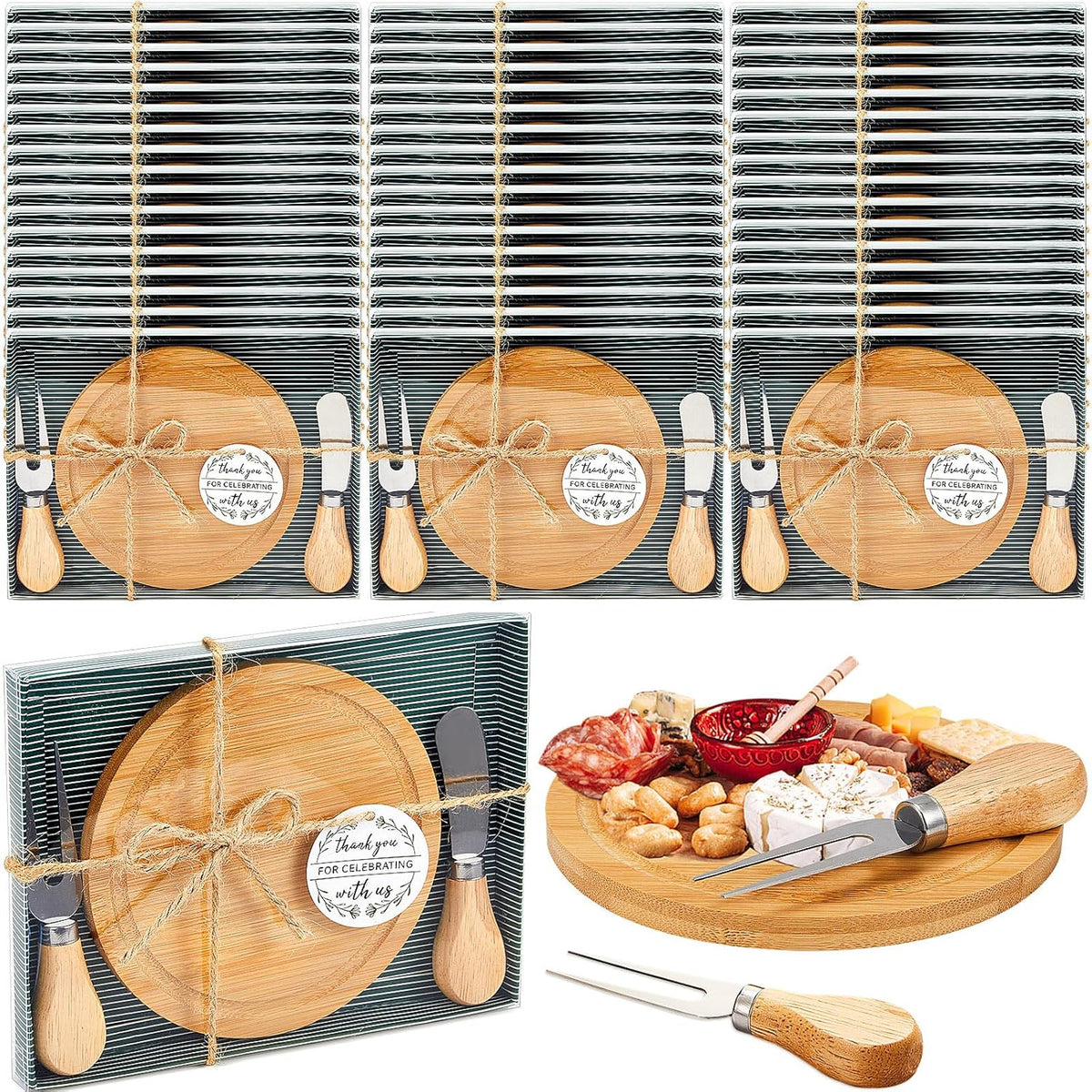 1 Set Baby Shower Bridal Game Prizes for Winners Round Cheese Board Set Wood Mini Charcuterie Board with Knives and Forks Thank You Card with Gift Box for Guests Wedding (Acacia)