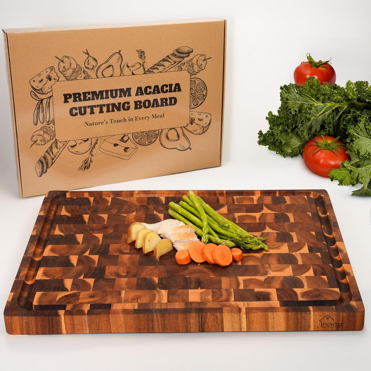 Solid Acacia Wood 20"x15" Large Cutting Board, Extra Thick 1.5" End Grain Butcher Block For Kitchen, Non Toxic Pre-Oiled Carving Tray, Juice Grooves and Easy Grip Handle Chopping Board