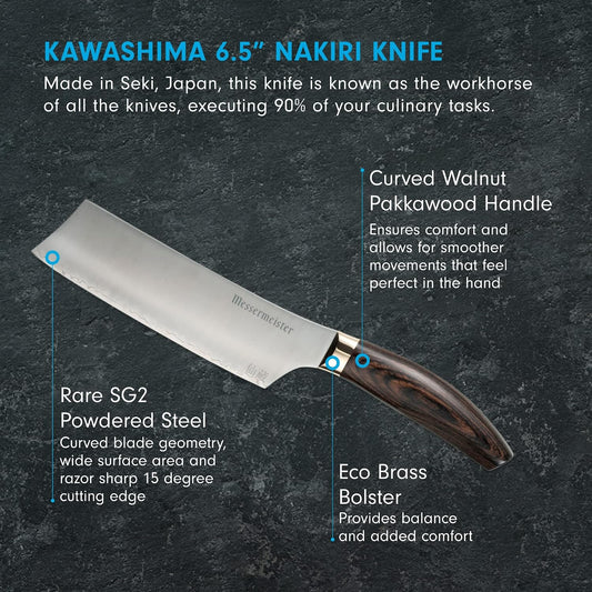 Kawashima 6.5” Nakiri Knife - SG2 Powdered Steel, Eco-Brass Bolster & Walnut Pakkawood Handle - Made in Seki, Japan