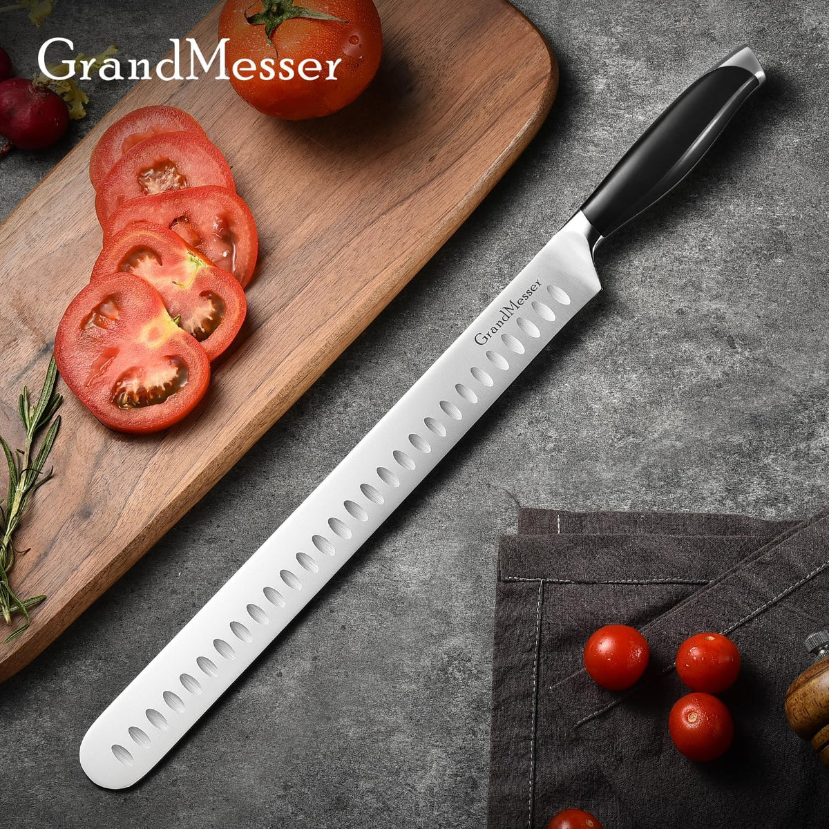 Carving Knife, 12 Inch Slicing Knife for Meat, Premium German Steel with ABS Handle, for BBQ Brisket Turkey Ham Rib Roast Beef with Sharpener.