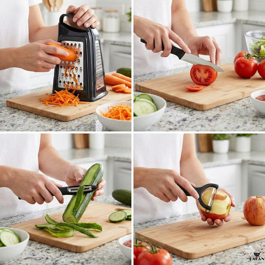 Grater, Chop and Peel Set | Handheld 3-Sided Grater with Multiple Shred Sizes, Y-Shaped Vegetable Peeler, I-Shaped Food Slicer & Spear Knife | Stainless Steel Kitchen Tools | Black, 4 Pcs