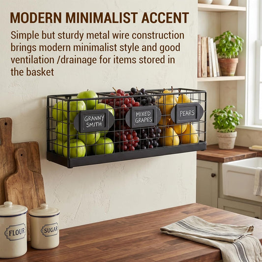 MyGift Wall Mountable Black Metal Utensil Holder Organizer, 15.7" Countertop Kitchen Silverware Flatware Caddy Holder Storage Basket with 3 Compartments and Chalkboard Labels