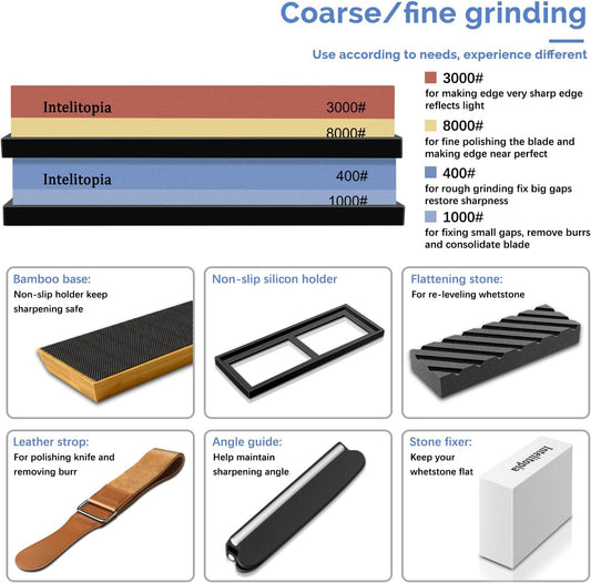 Complete Knife Sharpening Stone Set – Dual Grit Whetstone 400/1000 3000/8000 Knife Sharpener with Leather Strop, Flattening Stone, Bamboo Base, 3 Non-slip Rubber Bases & Angle Guide