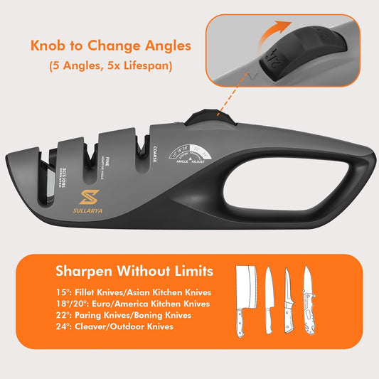 Knife Sharpener, 5 Precision Adjust Kitchen Knife Sharpener with Leather Strop & 3-Stage System to Repair, Restore and Polish Blades