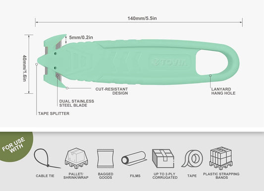 Safety Box Cutter, SK2 Concealed Blade Plastic Wrap Cutter, 10Pcs, Green | Package Opener with Tape Splitter for Cartons, Cardboard, Wrap, Straps, Film