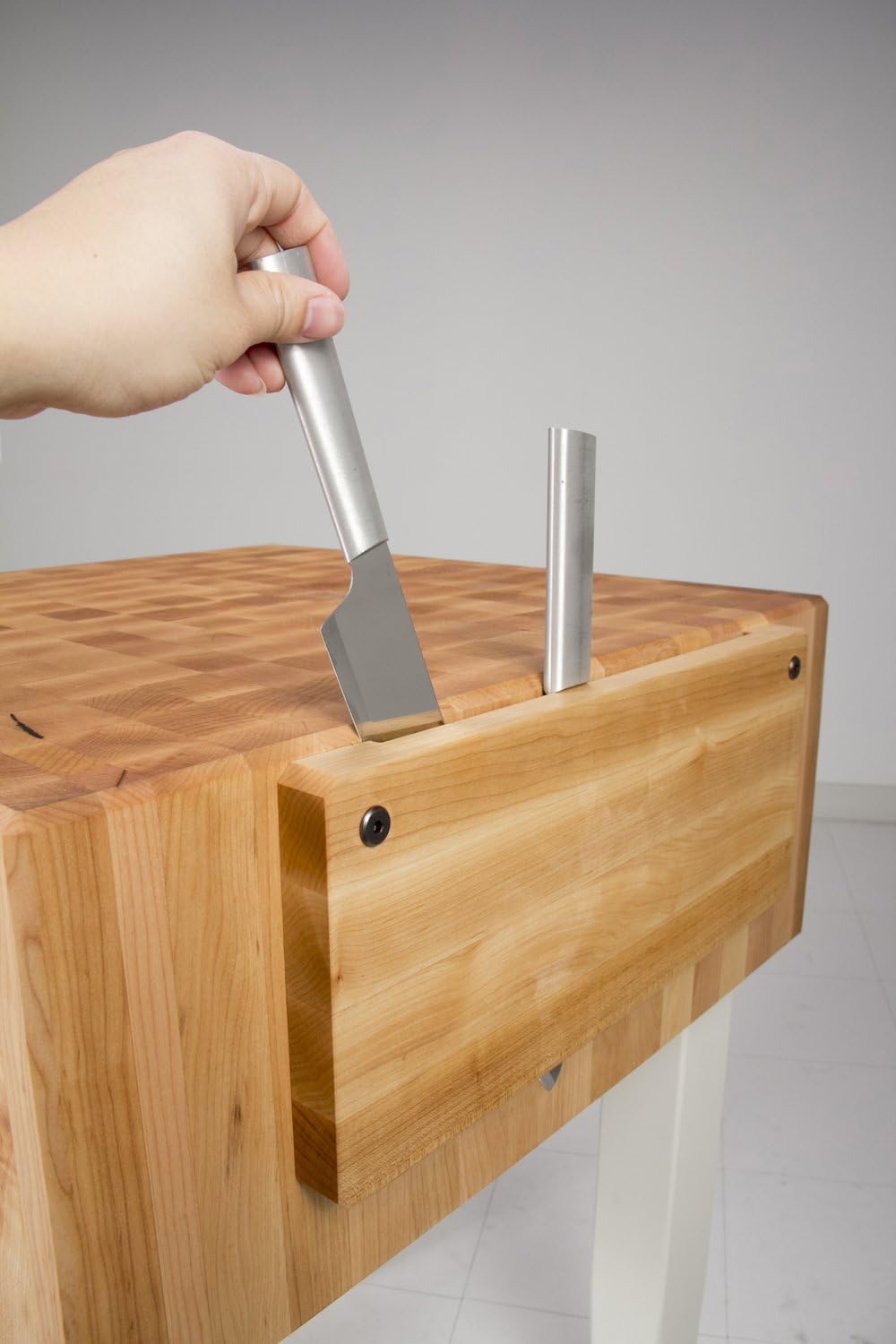 PCA2 Maple Wood End Grain Solid Butcher Block with Side Knife Slot, 24 Inches x 18 Inches x 10 Inch Top, 34 Inches Tall, Natural Maple Legs