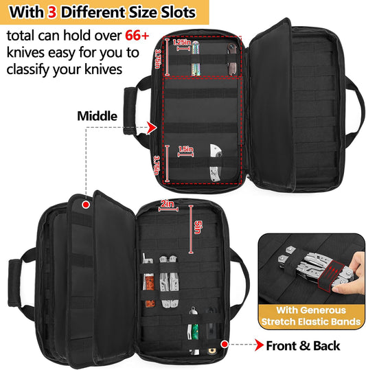 Butterfly Knife Display Bag for 66+ Pocket Knives, Soft Bag Only | Folding Knife Storage Case with 3 Different Size Slots & Hard PE Board, for Hiking, Diving, Hunting, Fishing, Camping, BBQ