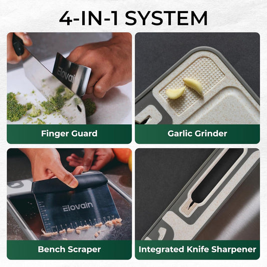 Stainless Steel Cutting Board with Built-In Knife Sharpener | Bench Scraper | Double-Sided 304 Food-Grade Steel and Wheat Straw · For Meat and Vegetables · Dishwasher Safe · 15x10 Inch · 3-Piece Set