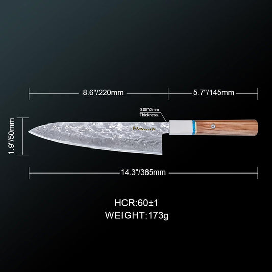 Gyuto Japanese All-Purpose Knife, For Meat & Vegetable Prep, Hand-Hammered Starry Damascus, Convex Grind Edge, Olive Wood Handle – Chef Gift IceRaven 210mm