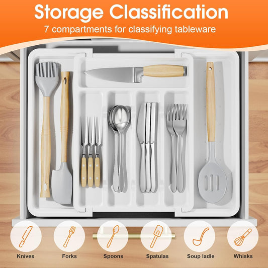 Silverware Organizer,Adjustable & Expandable Utensil Drawer Organizer, BPA Free Utensil Holder, Cutlery Tray for Forks, Spoons, Knives in Kitchen, Medium, White