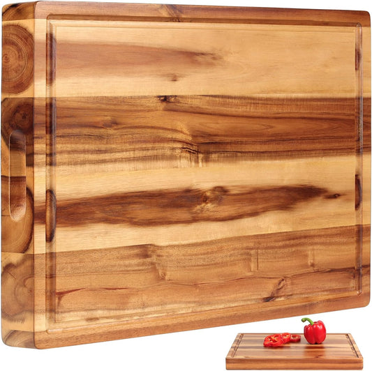Acacia Wood Cutting Board (17x13x1.5in) and Wooden Butcher Block, Chopping Board - Reversible Multipurpose For Meat, Cheese Board, Vegetables, Bread...with Juice Groove, Cracker Holder & Inner Handles