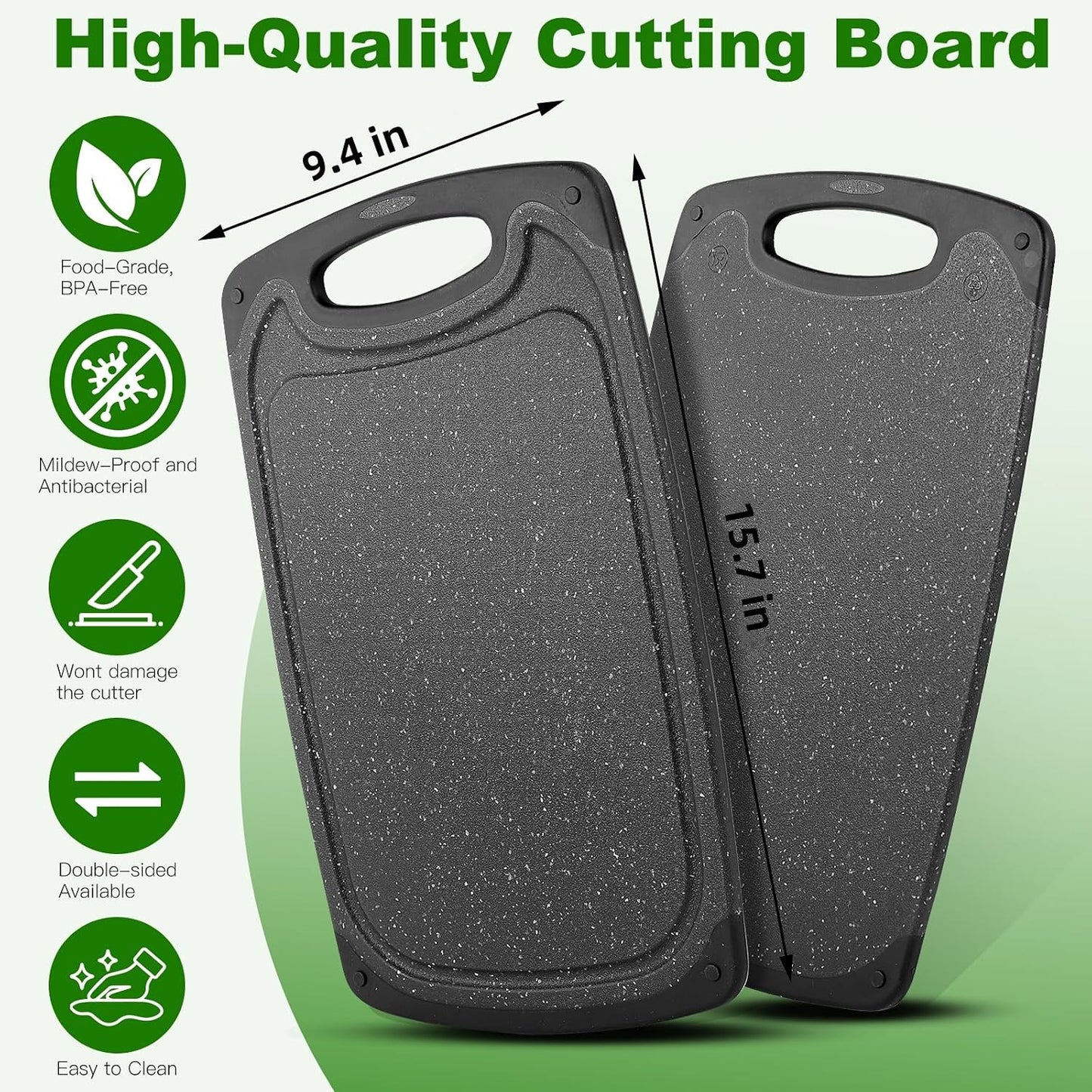 Cutting Boards Set,15.7"×9.4" & 12.5"×7.7" Plastic Chopping Board Set,Made From Natural Food Grade Material,BPA Free&Eco,Non Slip&Juice Groove,Dishwasher Safe,Double-Sided Usable,Dark Grey