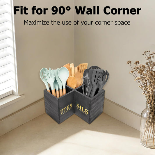 Kitchen Utensils Holder,Extra Large 3 Compartments Corner Utensil Caddy for Countertop,Wooden Farmhouse Utensil Organizer