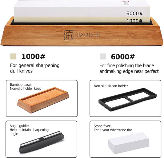Premium Whetstone Knife Sharpener Stone Kit 1000/6000 Grit - Japanese Waterstone Sharpening Stones for Knives with Flattening Stone, Bamboo Base, NonSlip Base, Angle Guide & Water absorber