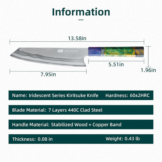 8 Inch Kiritsuke Chef Knife, Japanese-Style Kitchen Knife with 7-Layer 440C Clad Steel Blade, Colorful Stabilized Wood Octagonal Handle, Versatile for Slicing, Chopping, Dicing and Meal Prep