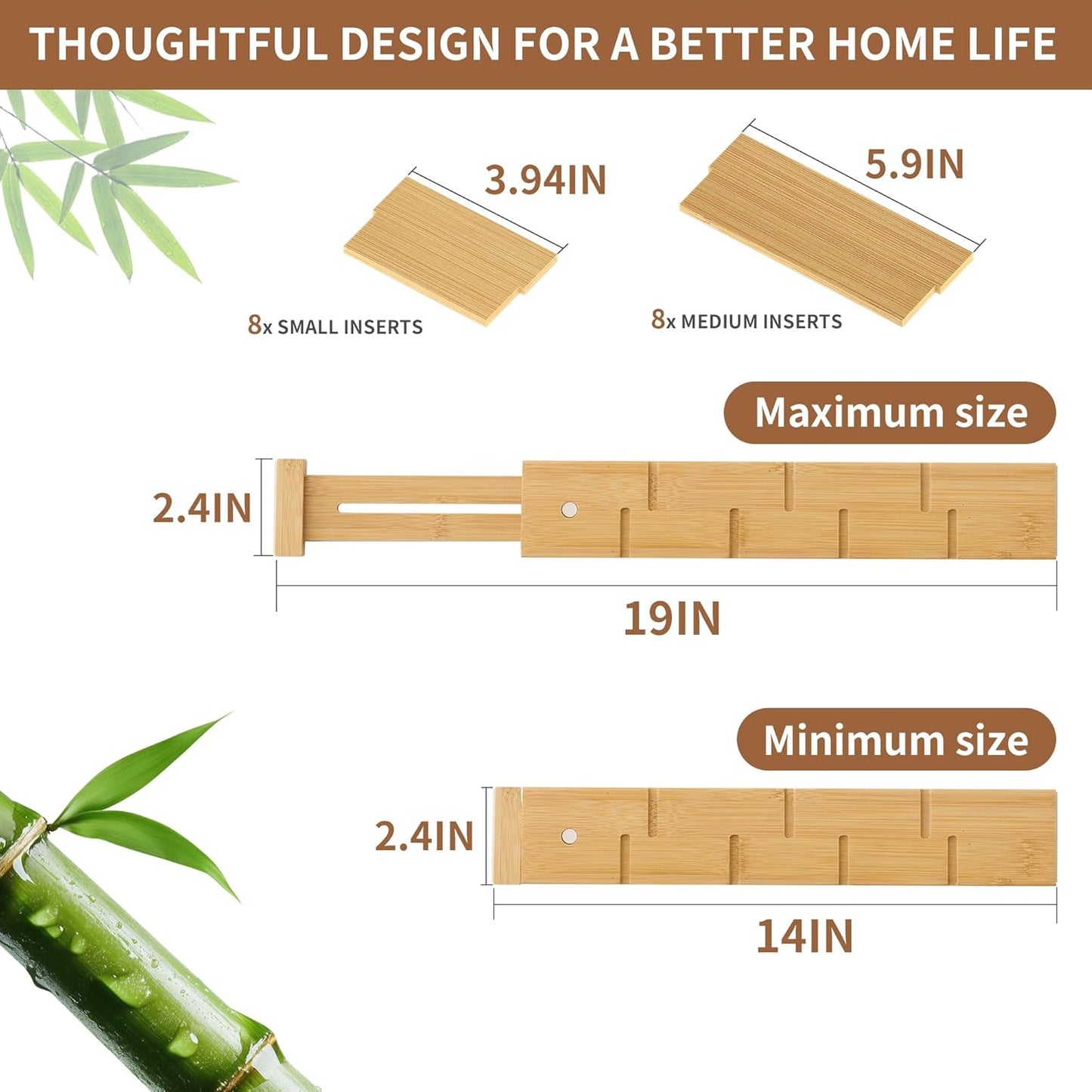 Bamboo Drawer Dividers with Inserts kitchen drawer organizer Adjustable Expandable 8 Pack Organizer Set for Kitchen Bedroom Bathroom Office 8 Dividers with 16 Inserts (Natural, Large (18-22.5IN))
