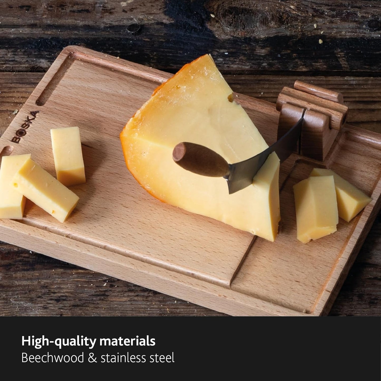 Cheese Cutter Lumberjack Amigo - Serving Board with Cheese Knife - Beechwood and Stainless Steel - for Cheese and Sausage - Safe Cutting - with Crumb Catcher - 9 Inches