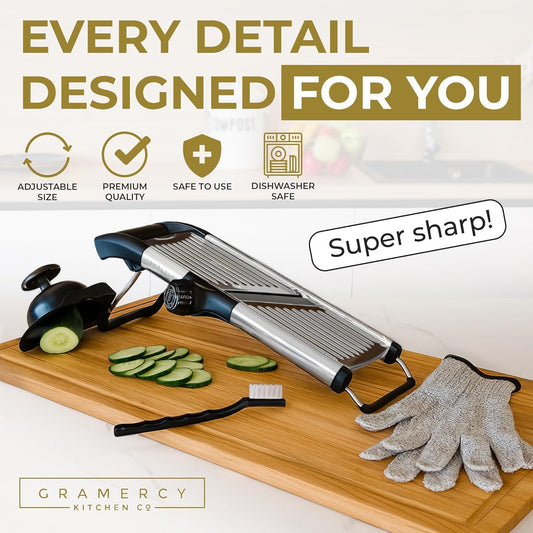 Gramercy Adjustable Mandoline Food Slicer, Mandoline Slicer for Kitchen, Mandolin, Potato, Tomato, Carrot, Vegetable, Fruit and Onion Cutter, Stainless Steel, INCLUDING Cut-Resistant Gloves, Black PRO