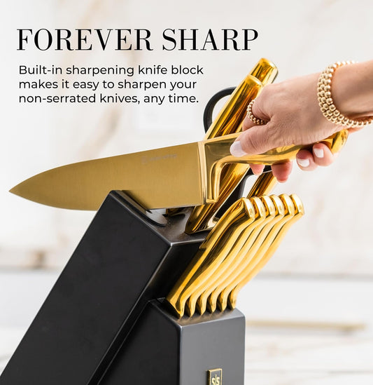 Gold Knife Set with Block & Built-In Sharpener – 14-Piece Full Tang Kitchen Knives Set – Gold Knives Set with Self-Sharpening Block, Titanium Knife Set with Black Block