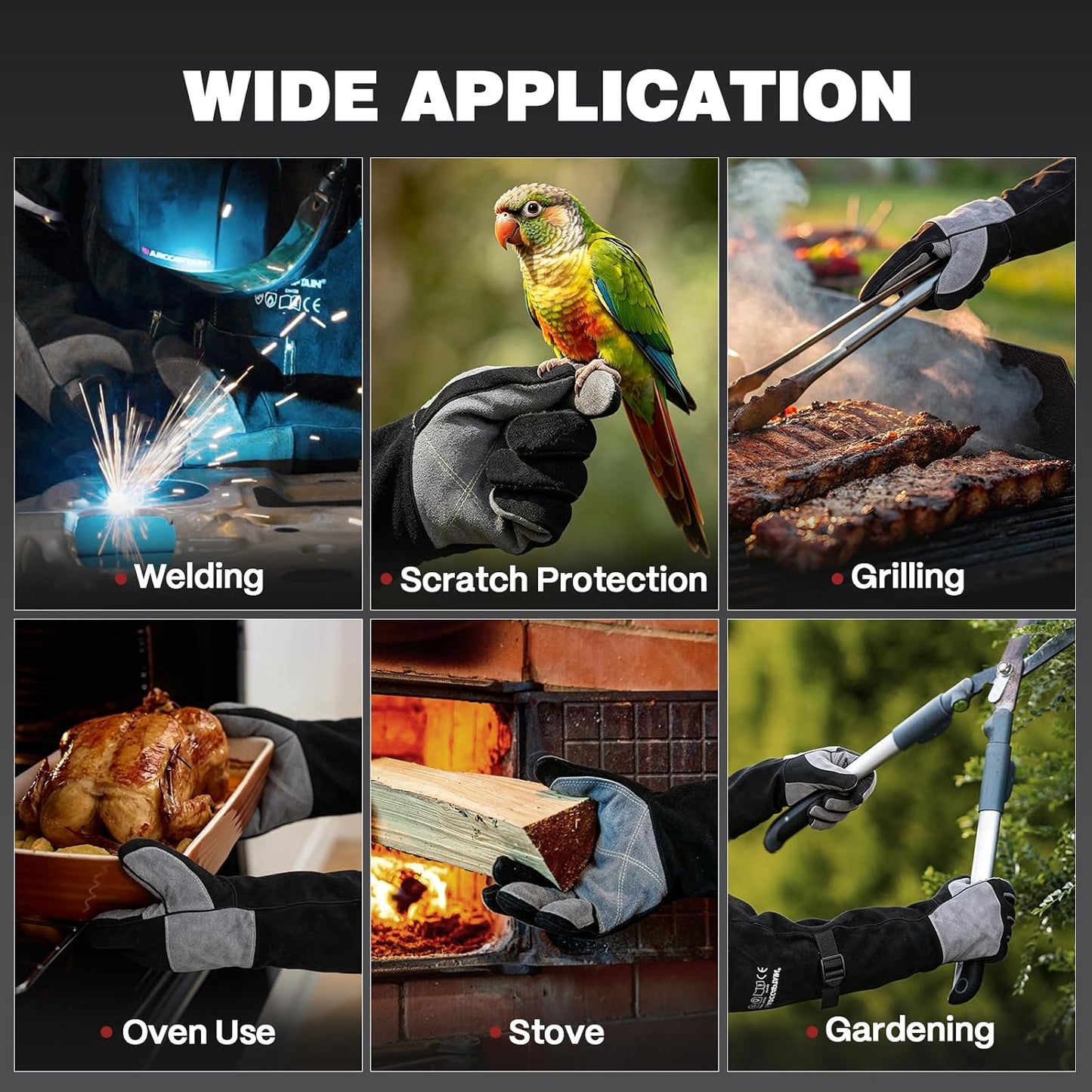 16" Welding Gloves for Men and Women, Heat Resistant Fire Gloves, Cowhide Leather Welding Gloves for MIG, TIG & Stick, Forge, BBQ Grill, Fireplace, Campfire, Wood Stove & Oven, Black-Red, L