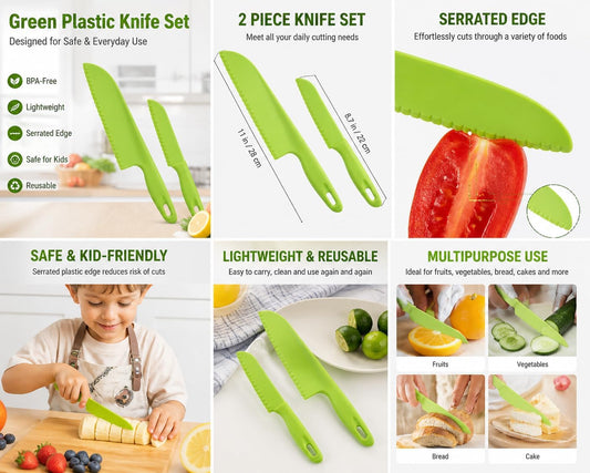 Green Plastic Knife Set – 11" Large and 8.7“ Small Utility Knives Combo for Kitchen, Food Prep & Picnic Use – Lightweight, Reusable, Safe for Kids – BPA-Free, Serrated Plastic Cutter for Fruits &Cake