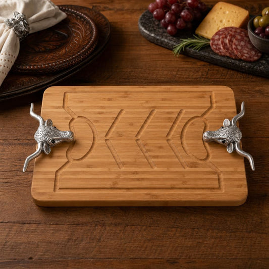 Longhorn Carving Board - Bamboo Wood with Aluminum Handle - Perfect for Serving Meats or Appetizers - 20 x 13 Inches