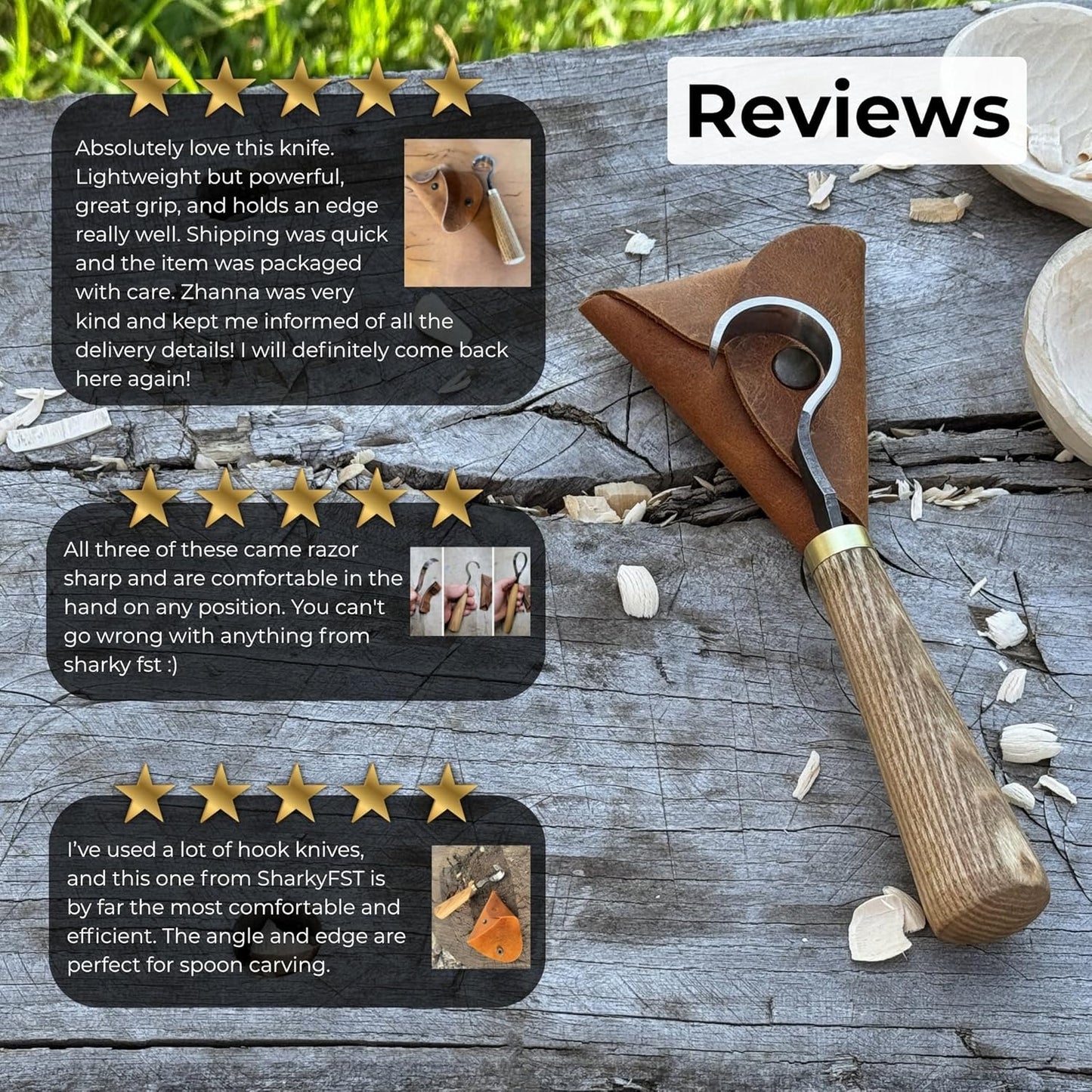 Sharky Spoon Carving Hook Knife 1.2 In (3 cm) Blade | Curved wood carving knife for spoon and bowl making, hand-forged carbon steel with ash handle (3, Ounces)
