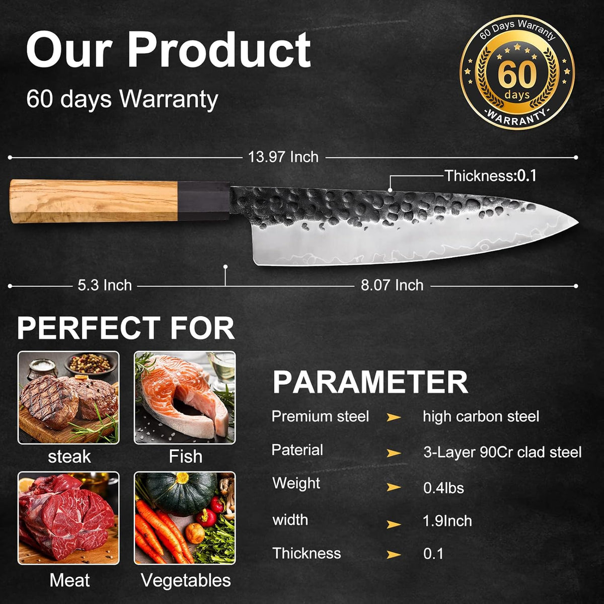 9 Inch Japanese Kiritsuke Chef Knife, Hand Forged High Carbon Steel Gyuto Kitchen Knife for Meat Fish Vegetables, Professional Cooking Knife with Olive Wood Octagonal Handle & Gift Box
