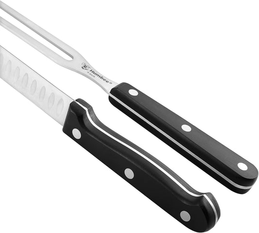 10 Inch Carving Knife and 9 Inch Fork Set – Razor Sharp Stainless Steel Blade with Full Tang Grip Handle, Granton Edge for Smoked Brisket, Turkey, BBQ Meat and Roast