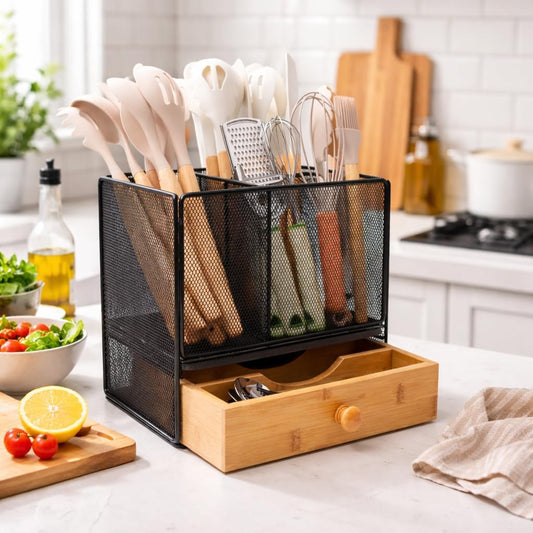 Kitchen Utensil Holder Countertop,Extra Large Utensil Organizer with Drawer | 2-Tier Utensil & Silverware Organizer for Kitchen Counter, Cooking Utensil Cutlery Caddy, Quick Dry Diatomite Base
