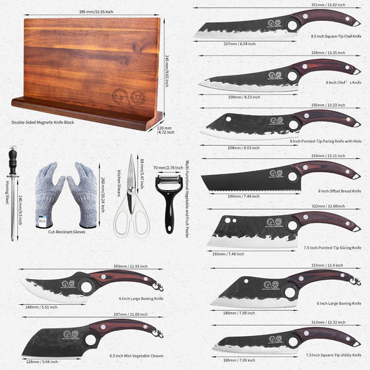 Knife Block Set, Full Tang Knives with Wood Magnetic Knife Block, Scissors, Honing Steel, Gloves, Peeler, Meat Boning Slicing Cooking Bread Vegetable Chef Kitchen Knives