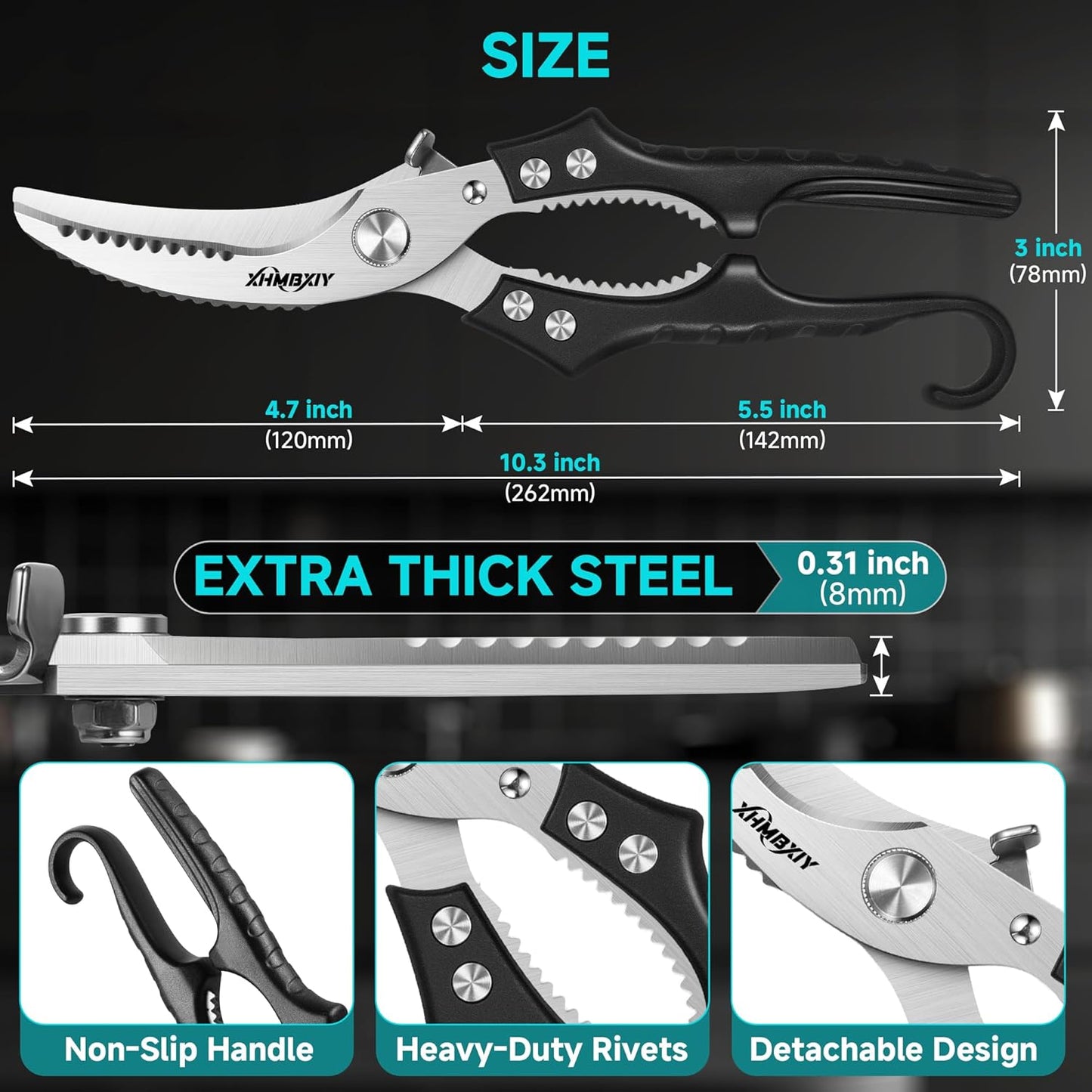 Heavy Duty Poultry Shears, Molybdenum-Vanadium Steel Kitchen Scissors for Chicken Bone and Meat, Ergonomic Non-Slip Handle with Spring Loaded & Safety Lock, Sharp Food Shears for Kitchen
