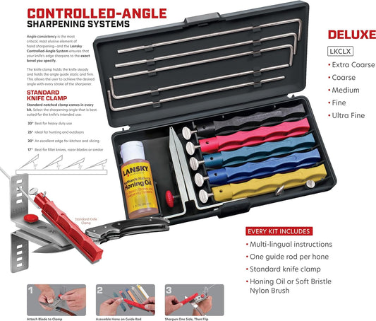 Deluxe Knife Sharpening System: 5-Stone Ceramic Knife Sharpener Kit with Honing Oil - LKCLX | 5 Hones, Multi-Angle Clamp, Guide Rods, Honing Oil, Color-Coded, Finger-Grooved Holders, Case