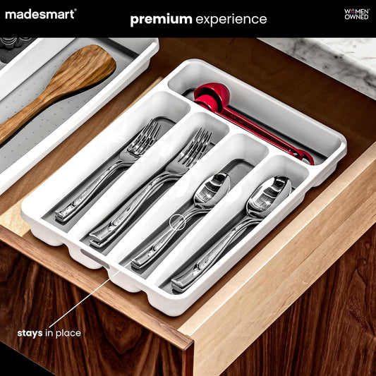 Small Silverware Tray, Compact 5 Compartment Flatware Organizer for Forks, Knives & Spoons, Non Slip, Soft Grip Lining, Fits Small Drawers, White