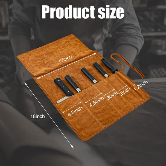 Knife Roll Bag Genuine Leather,Chefs Professional 5 Knives and Cookware,Perfect for The Traveling Chef,Travel Tool Roll Pouch,No Tools Included