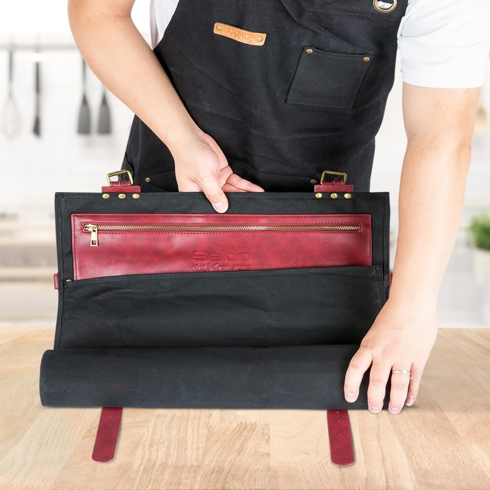 Professional Knife Roll Bag - Heavy Duty Canvas & Leather, Holds 18 Knives and Culinary Tools Including 12 Large Knives, with 4 Slots for Utensils and 2 Large Meat Cleavers