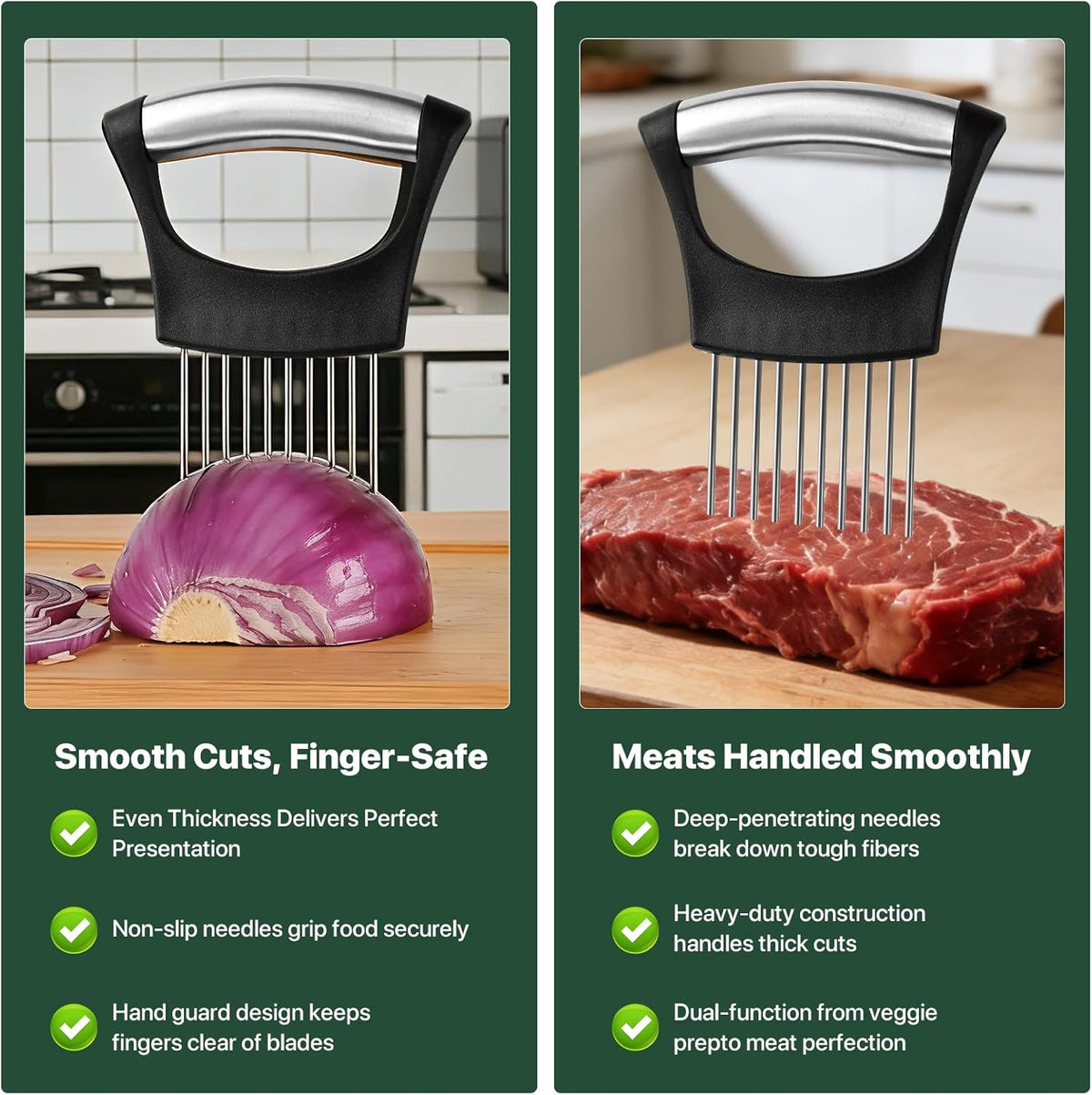 【2 PCS】Onion Slicer, Onion Holder for Slicing - Stainless Steel Vegetable & Fruit Cutter for Onions, Tomatoes, Potato, Avocado, Lemon, Eggs, Meat | Kitchen Chopper Gadget with Neat Guide & Tenderizer