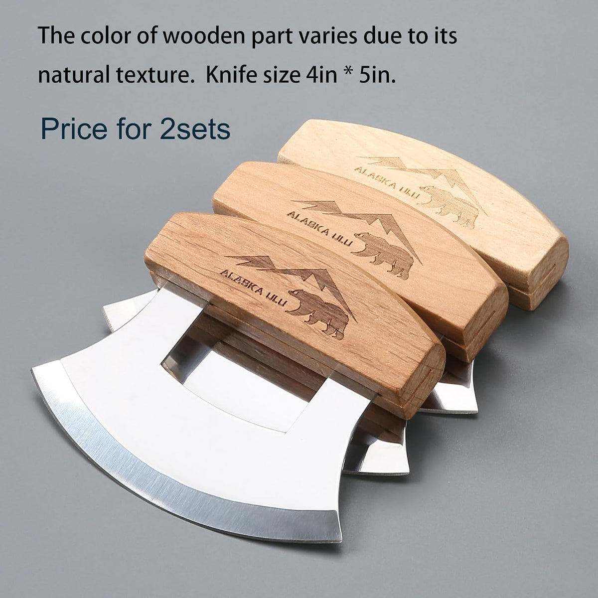5inch Alaskan Mezzaluna Ulu Knife, Salad Veggies Rocker Chopper Slicer Cutter Hashing Chopping Mincing Cleaver with Wooden Stand Arthritic Tool