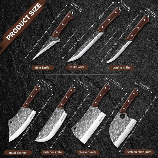 Butcher Knife Set, 14PCS Hand Forged Butcher Chef Knife Set with Roll Bag, Heavy Duty Meat Cleaver Knife, Fillet Knives, Meat Cutting Knife for Kitchen, Camping BBQ, Gift for Men