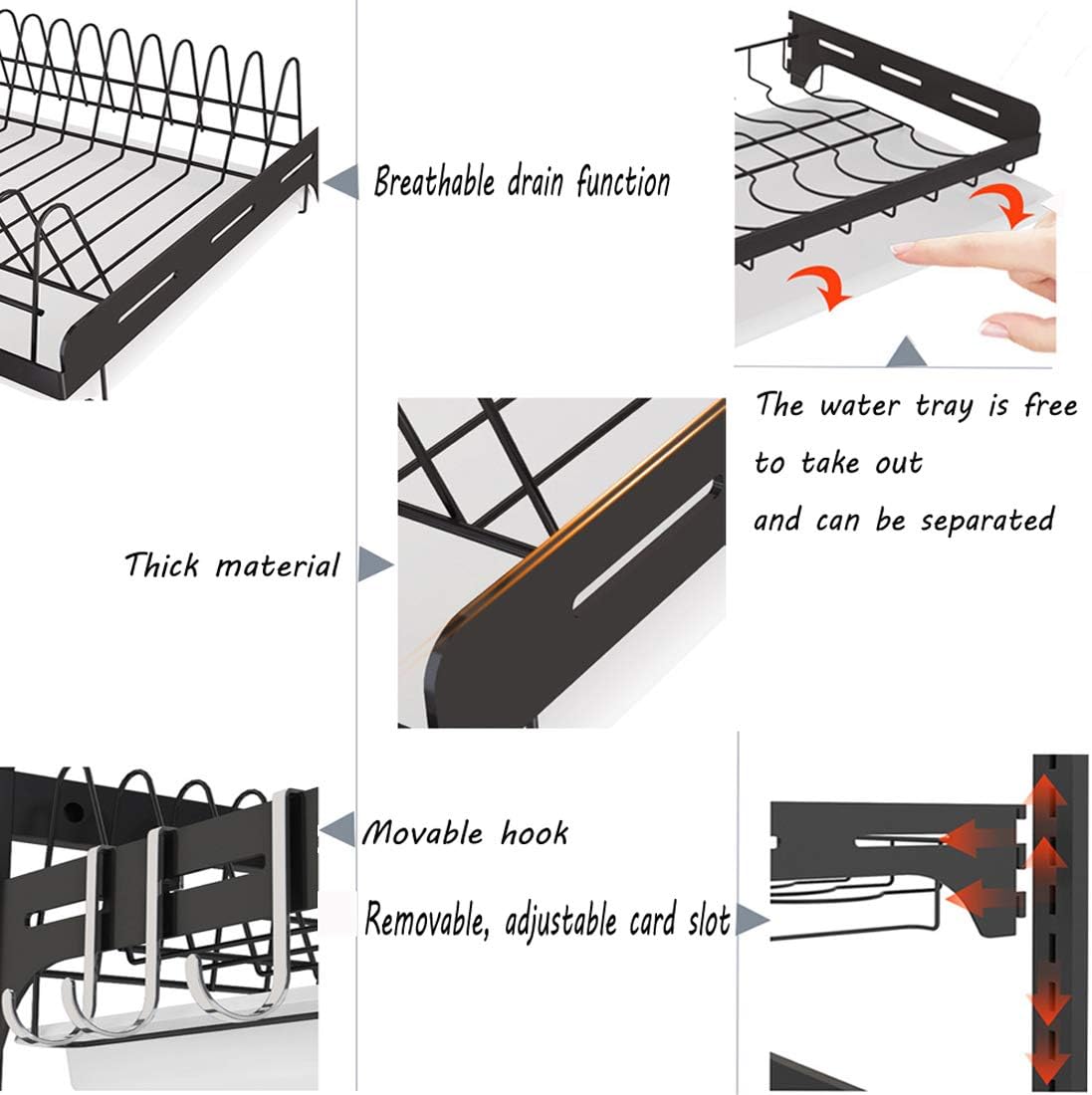 3 Tier Black Stainless Steel Dish Drying Rack Fruit Vegetable Storage Basket with Drainboard and Hanging Chopsticks Cage Knife Holder Wall Mounted Kitchen Supplies Shelf Utensils Organizer