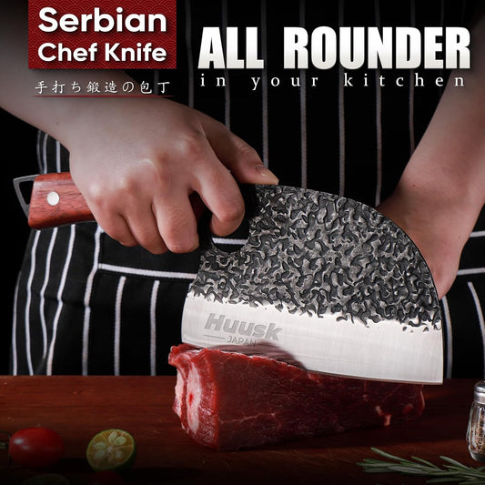 Huusk Kitchen Knife Set - Hand Forged Viking Chef Knives for Meat, Men Gift | Japanese High Carbon Steel Hand Forged, Butcher, Cleaver, Boning, Serbian Chef Knife, Rosewood Handle, for Home & Outdoor BBQ