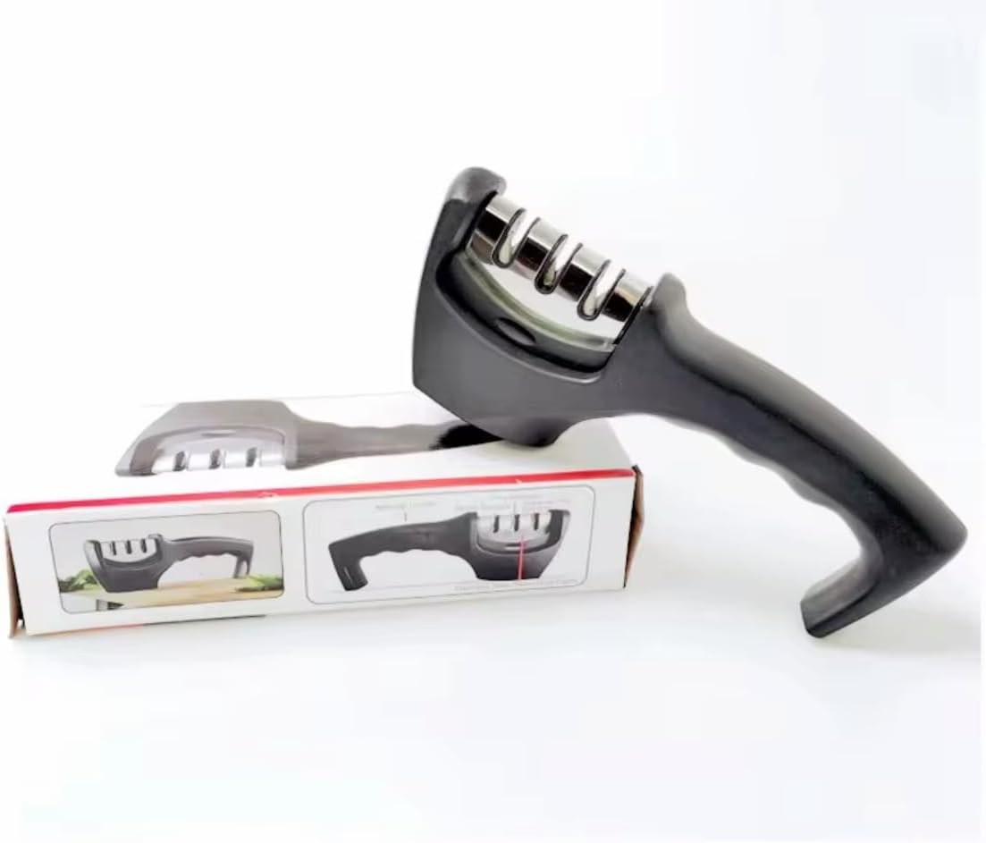 3-Stage Manual Knife Sharpener – Professional Kitchen Knife Sharpening Tool with Non-Slip Base & Ergonomic Handle – Coarse, Fine & Ceramic Slots – Portable & Easy to Use, Black