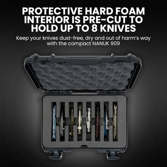 909 Travel Knife Case – Waterproof Pocket Knife Storage with 8 Slots, 12.6” x 9” x 4.4” - Lightweight, Lockable, Dustproof, Impact-Resistant & Durable - Black